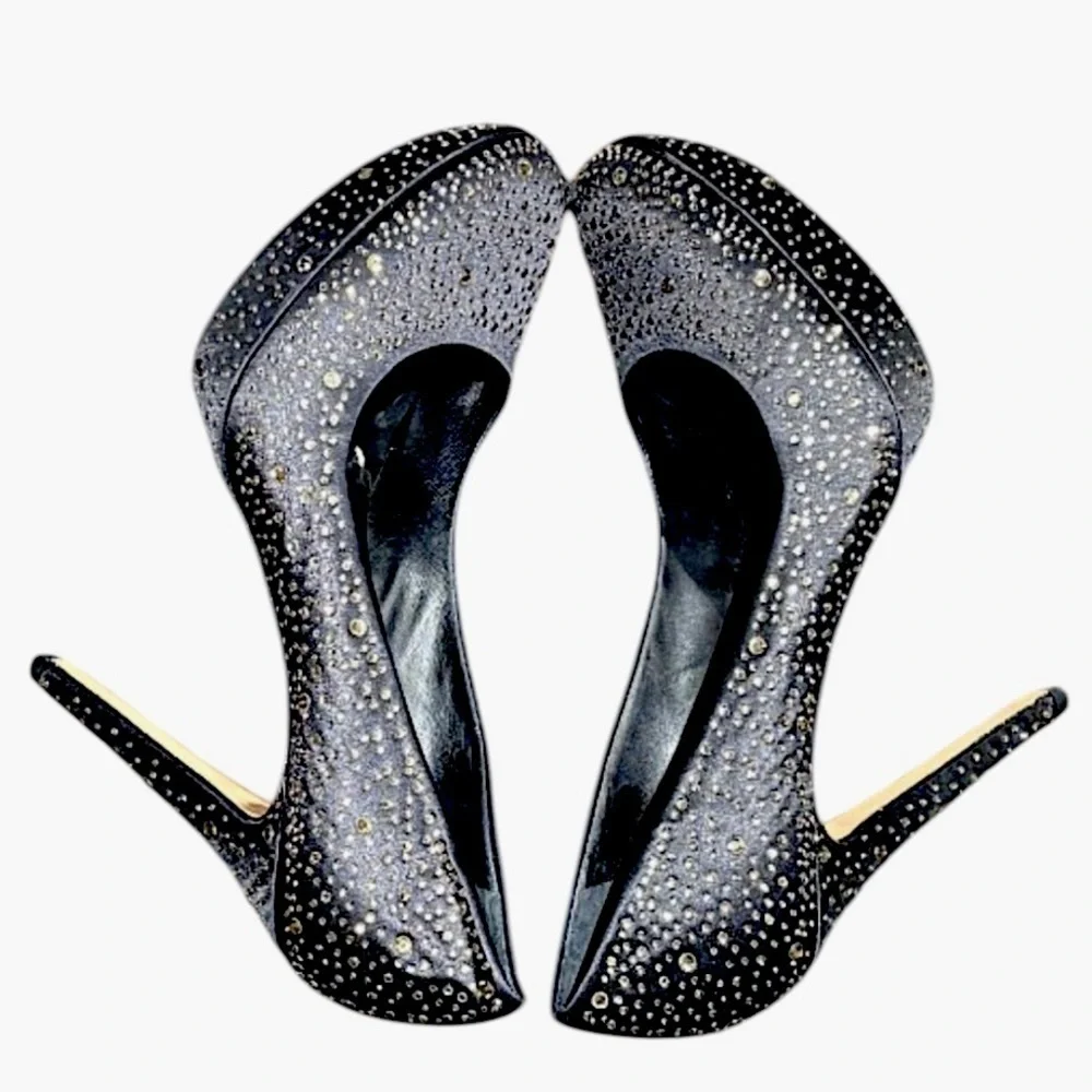 BCBG Black Satin and Pale Gold Studded Platform Heels Shoes Size 10